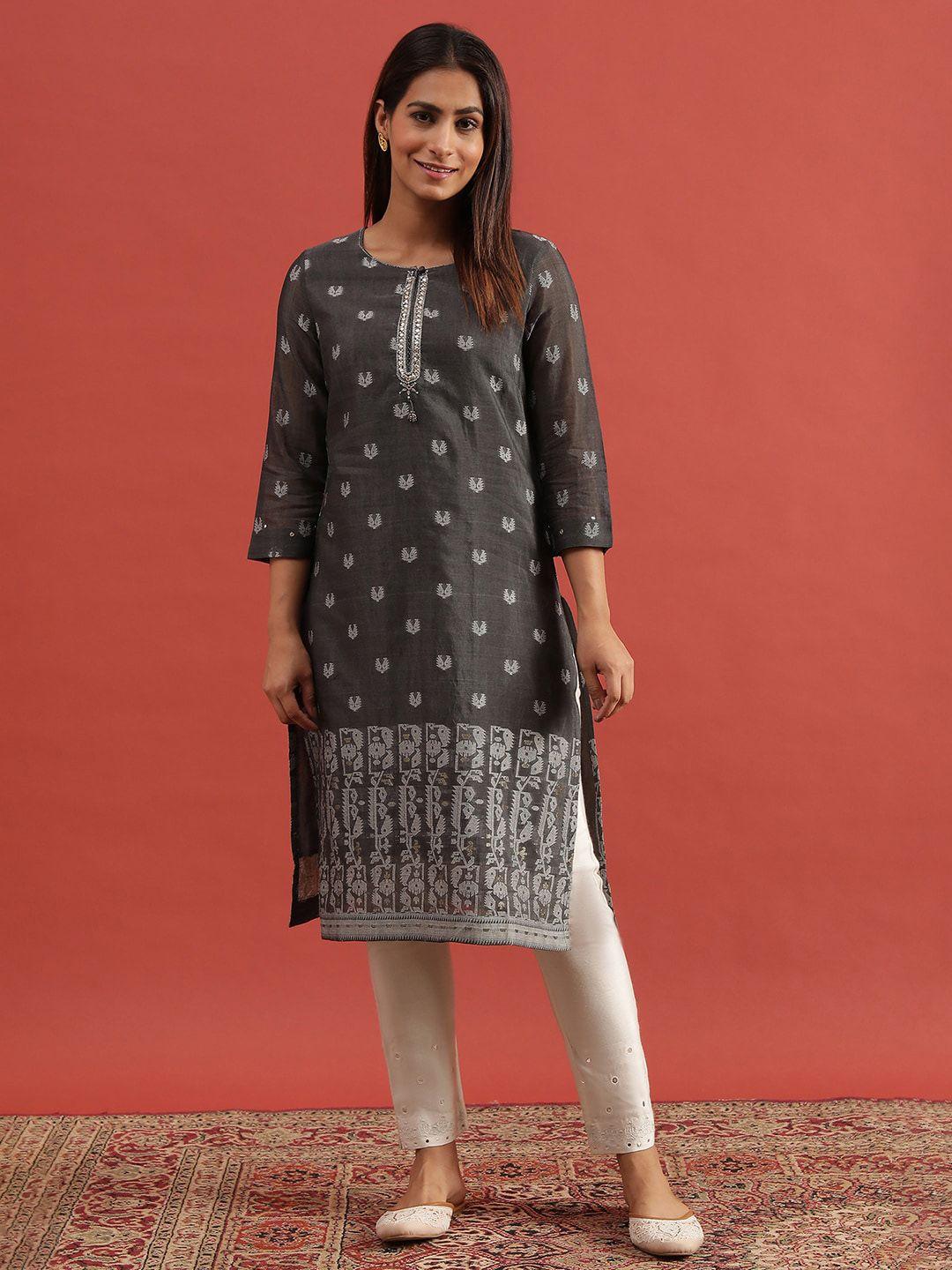 w ethnic motifs printed round neck cotton a-line kurta