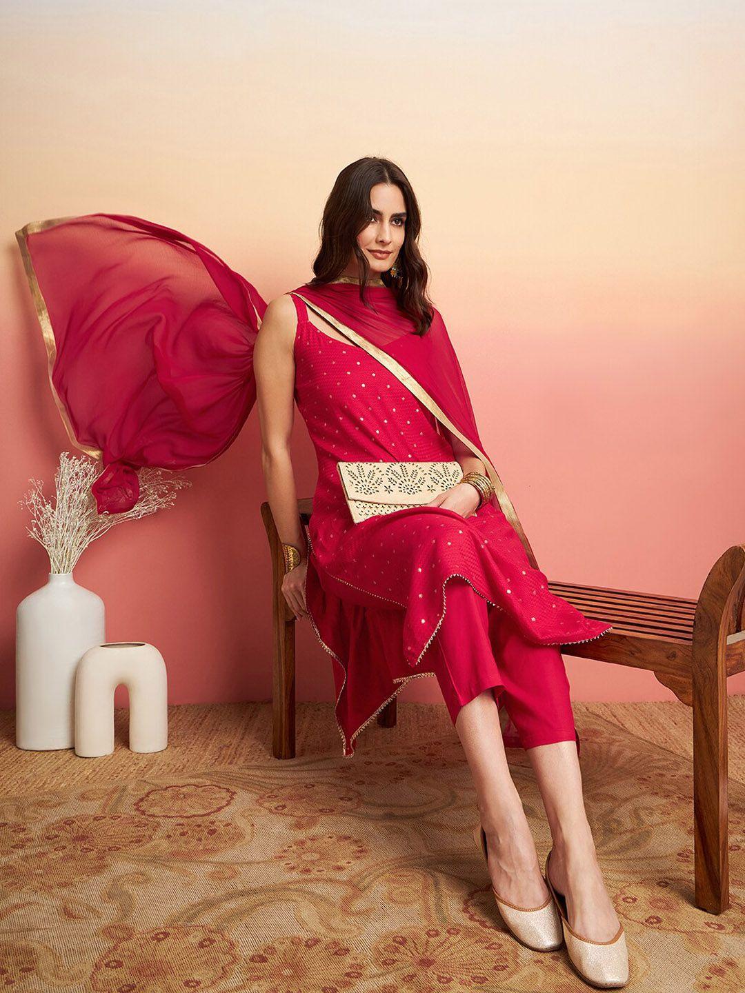 sangria embroidered shoulder straps straight kurta with trousers & dupatta