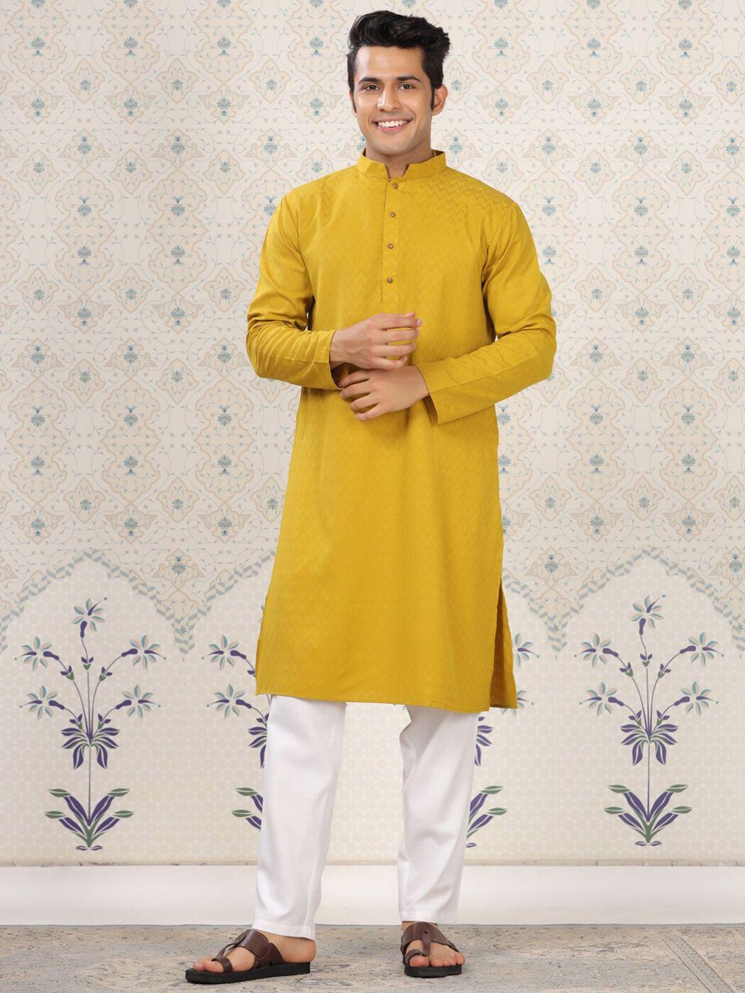 house of pataudi chevron woven design mandarin collar straight kurta