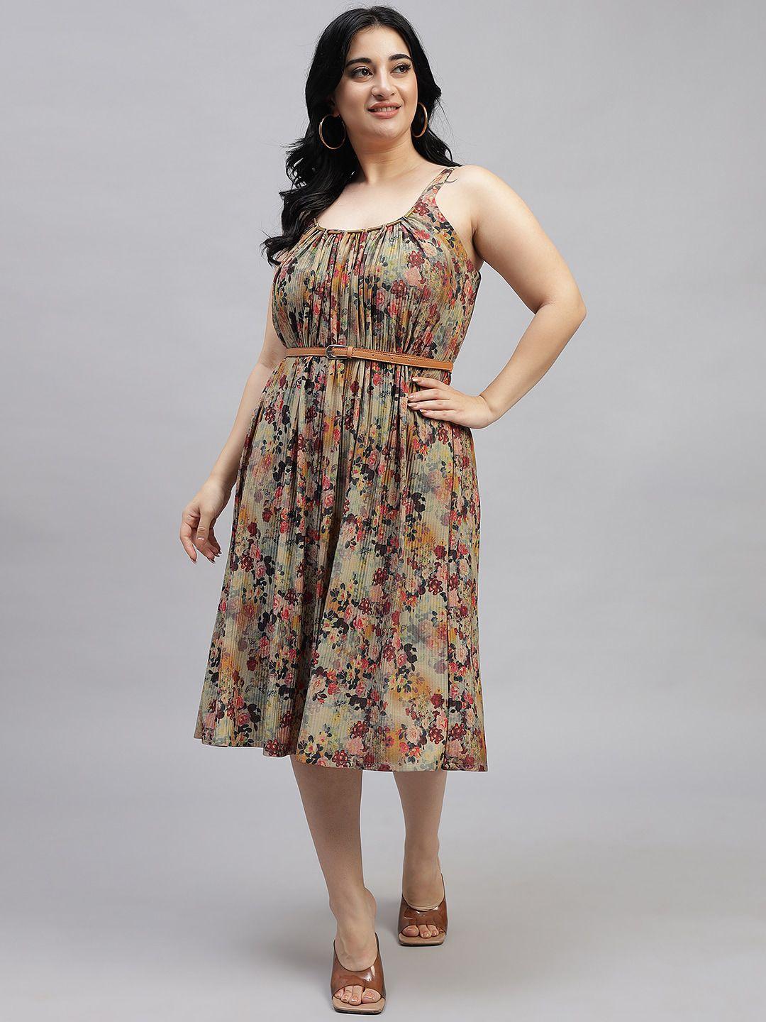 curvy lane floral printed shoulder straps gathered detail fit & flare midi dress