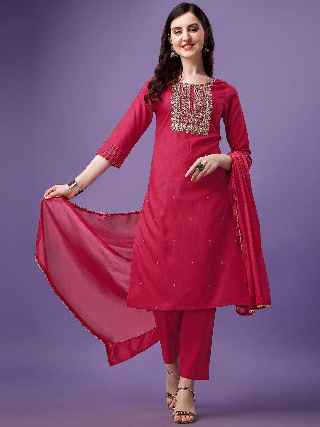 kalini  round neck floral embroidered thread work kurta & trousers with dupatta