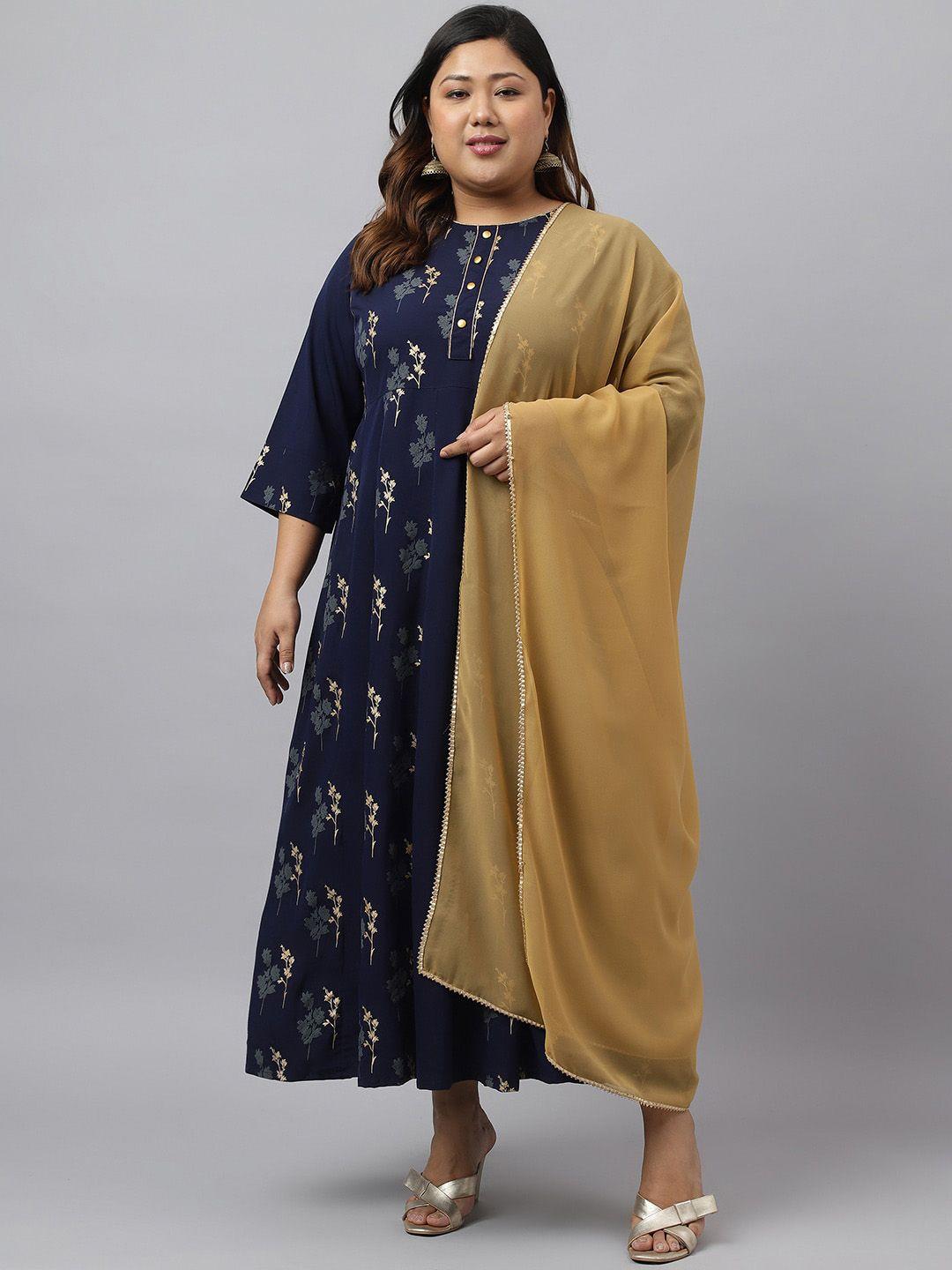 xl love by janasya plus size floral printed a-line kurta with dupatta