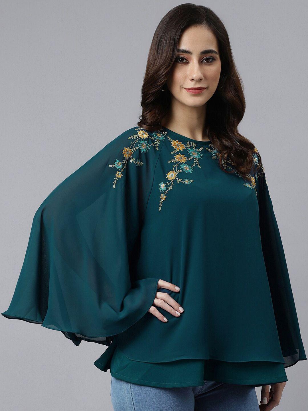 janasya embellished flared sleeve a-line georgette top