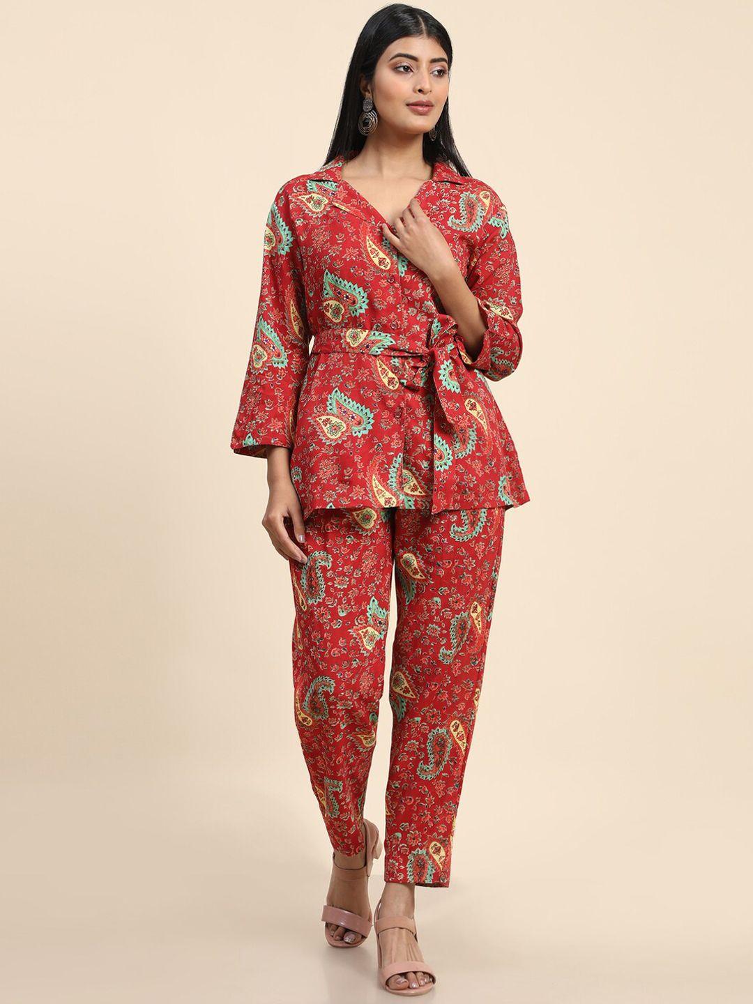 baesd paisley printed lapel collar top & boot-cut wrinkle free trousers pant co-ord set