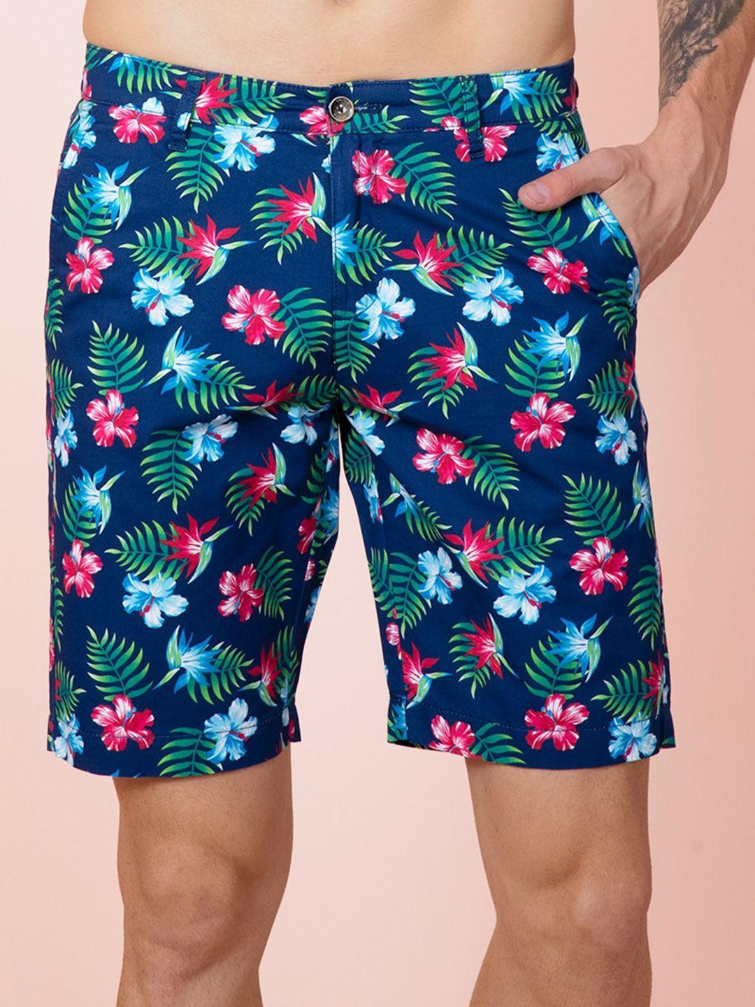 snitch men navy blue floral printed shorts