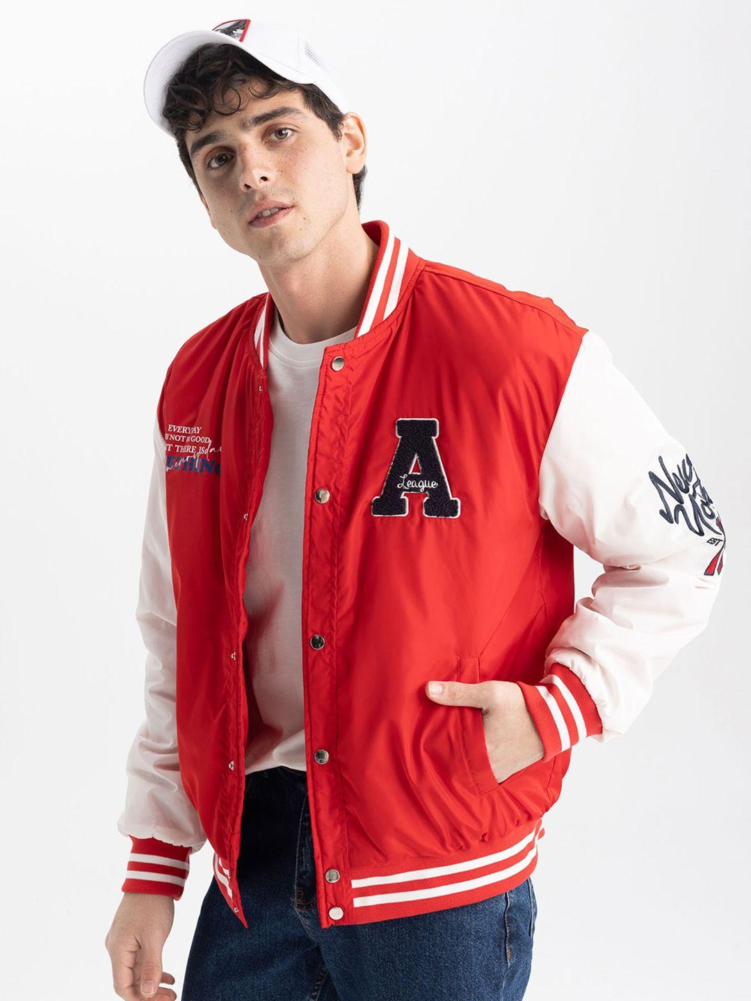 defacto typography printed mock collar varsity jacket