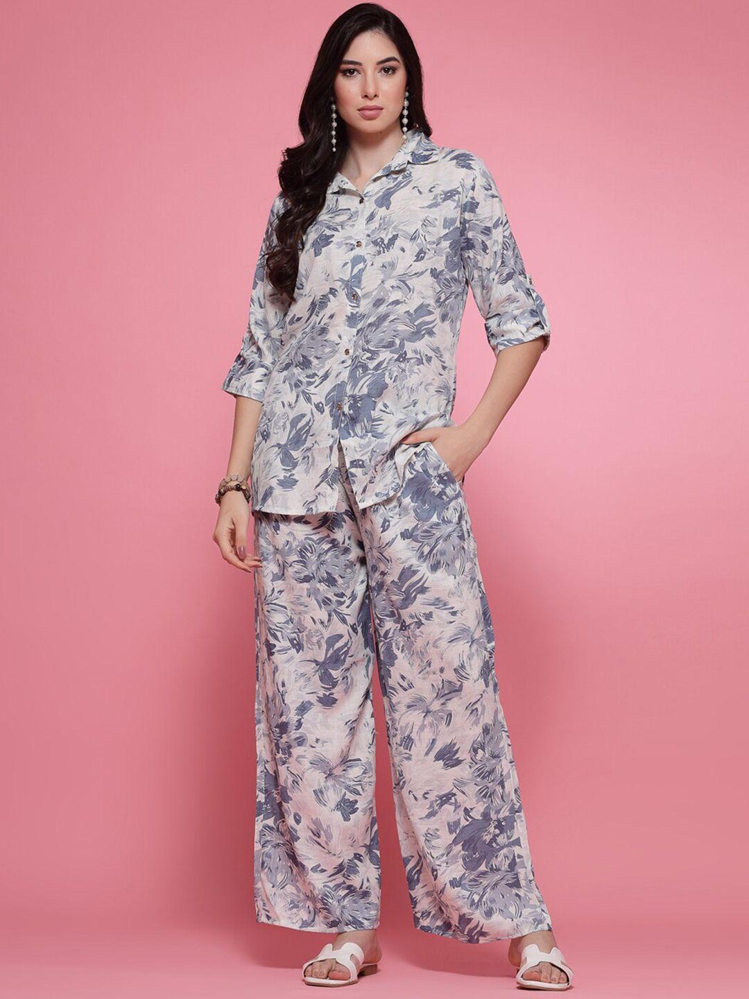 clora creation floral printed shirt collar shirt with palazzo co-ord set