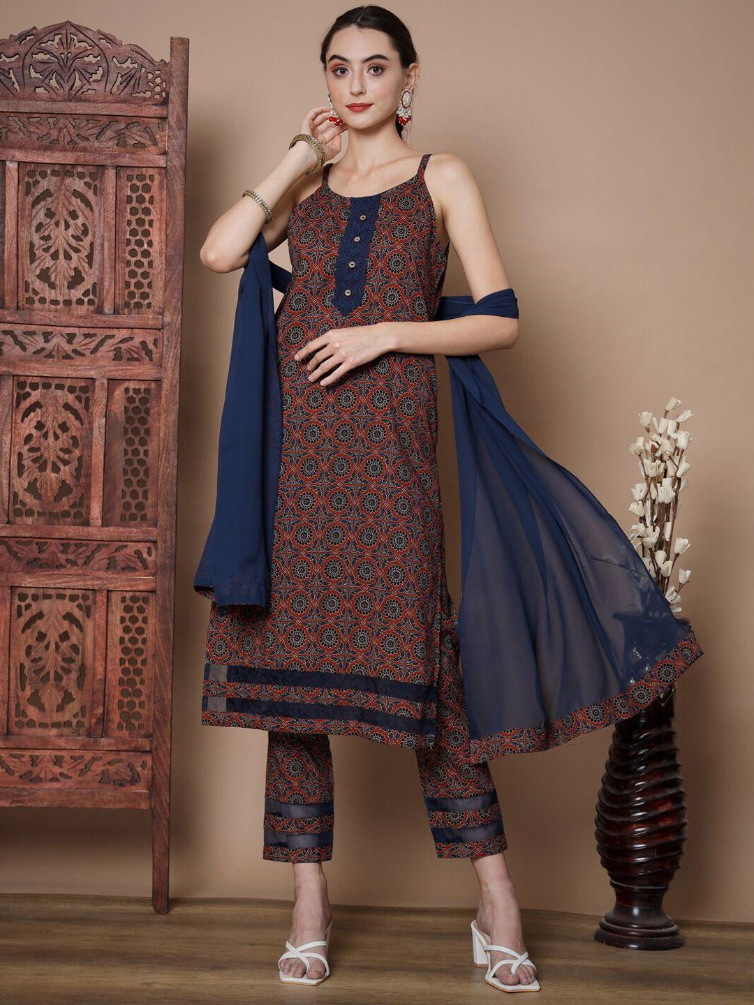 myshka ethnic motifs printed regular pure cotton kurta with trousers & dupatta