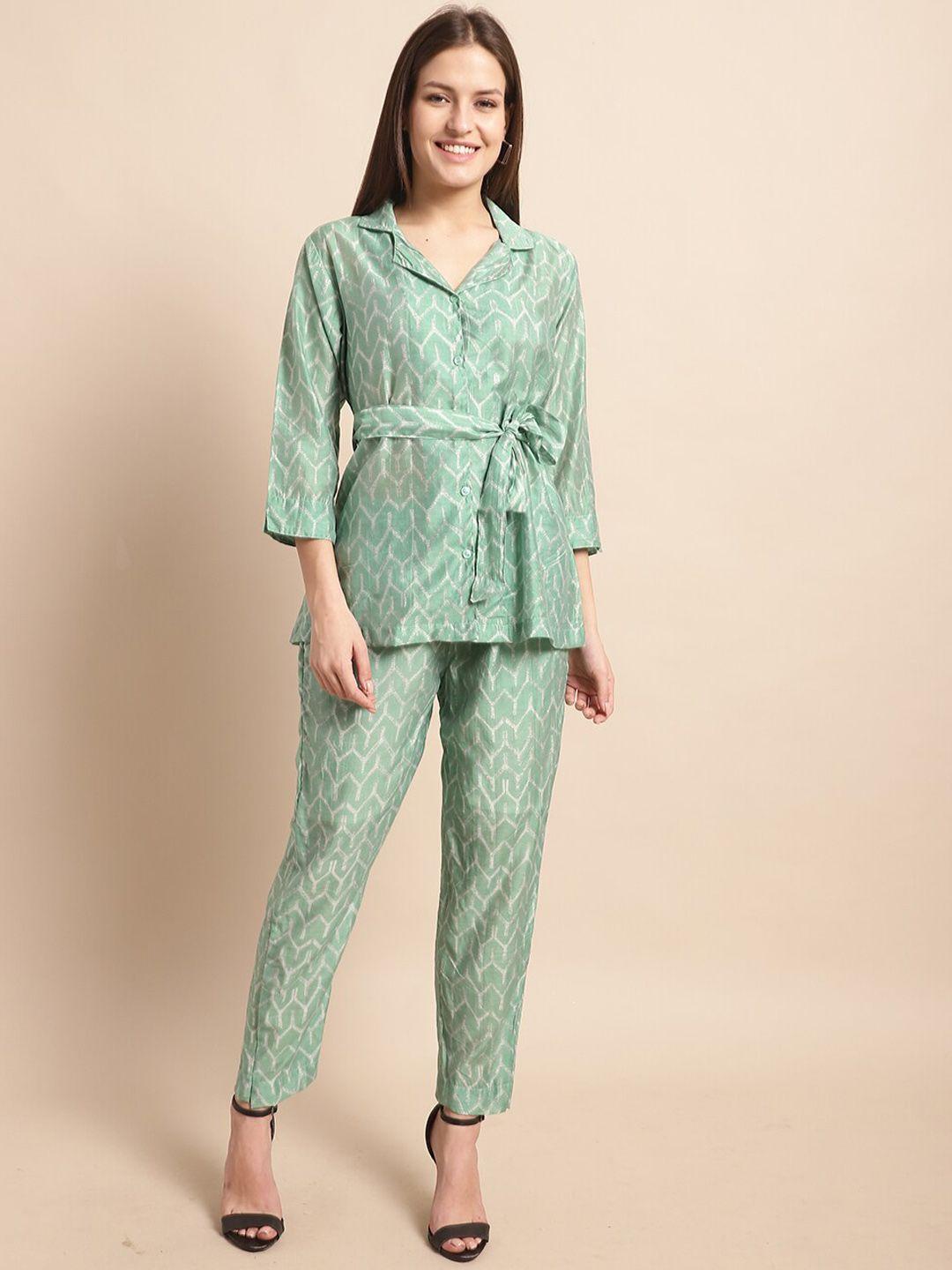 baesd geometric printed lapel collar pure silk shirt & trousers pant co-ord set