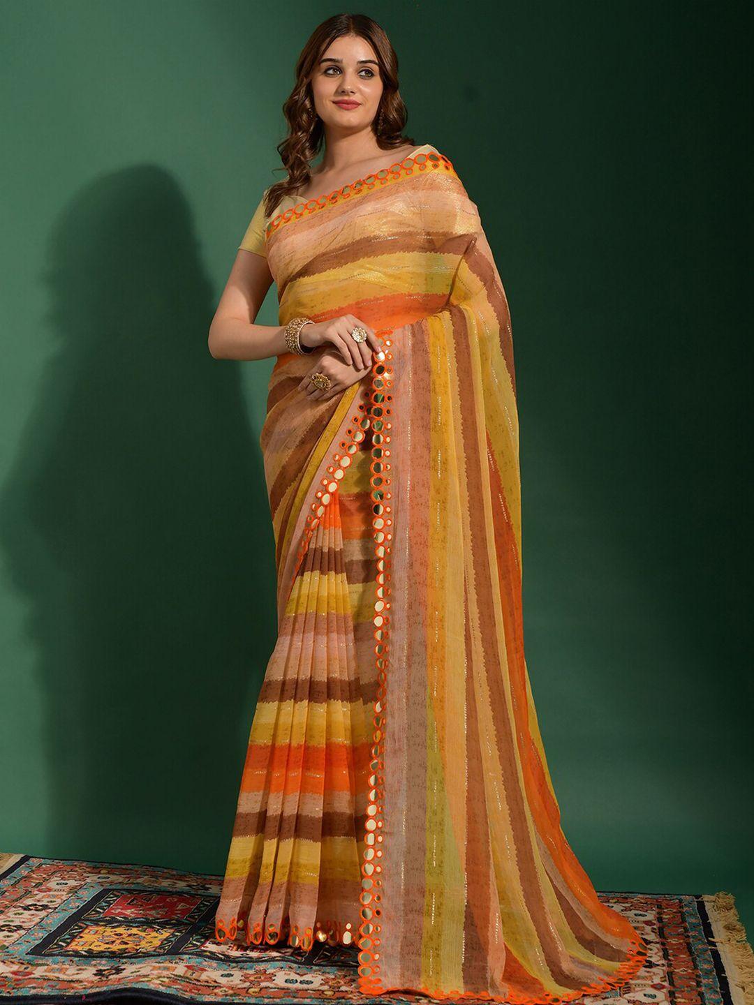 mitera striped mirror work poly chiffon leheriya saree