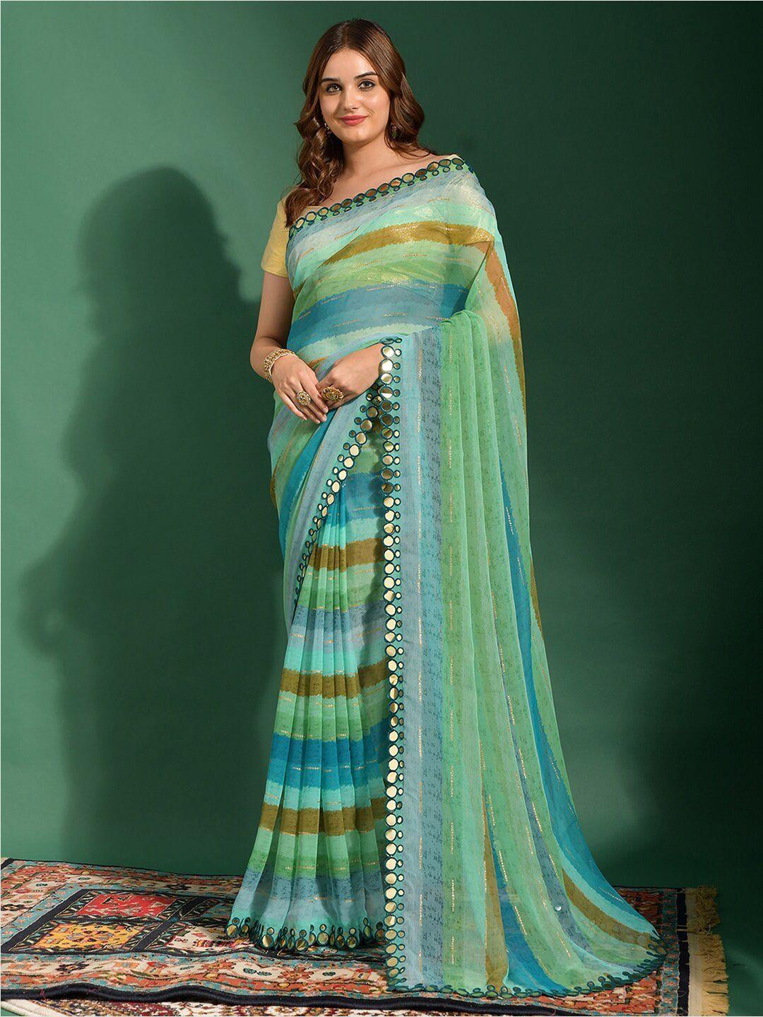 mitera striped mirror work poly chiffon leheriya saree