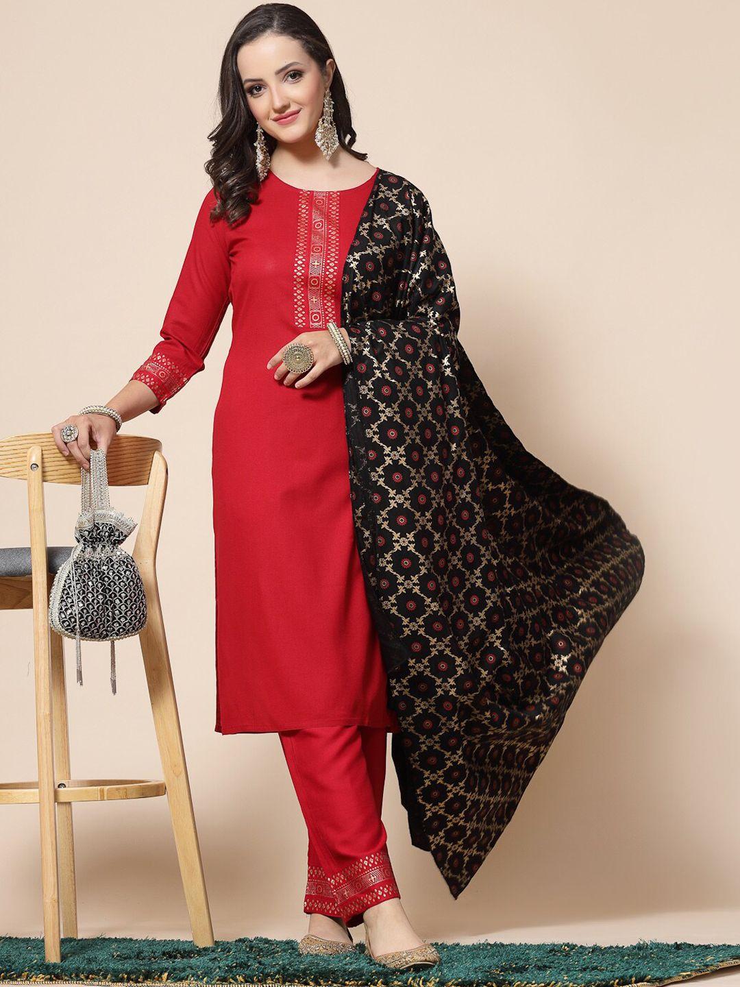 jaipuri bunaai ethnic motifs yoke design straight kurta with trousers & dupatta