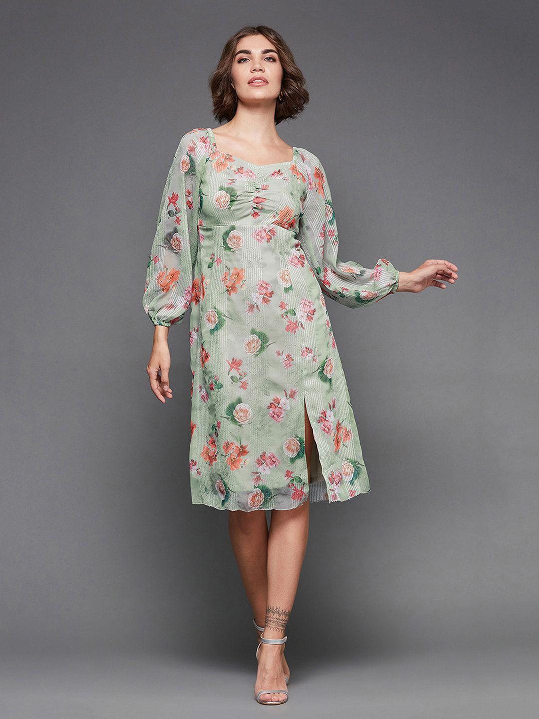 miss chase green floral print flared sleeve georgette a-line dress