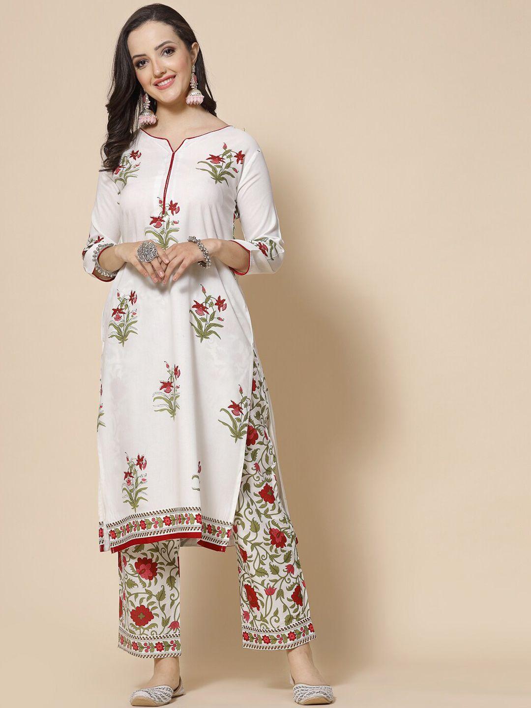 jaipuri bunaai floral printed straight kurta with palazzos & dupatta