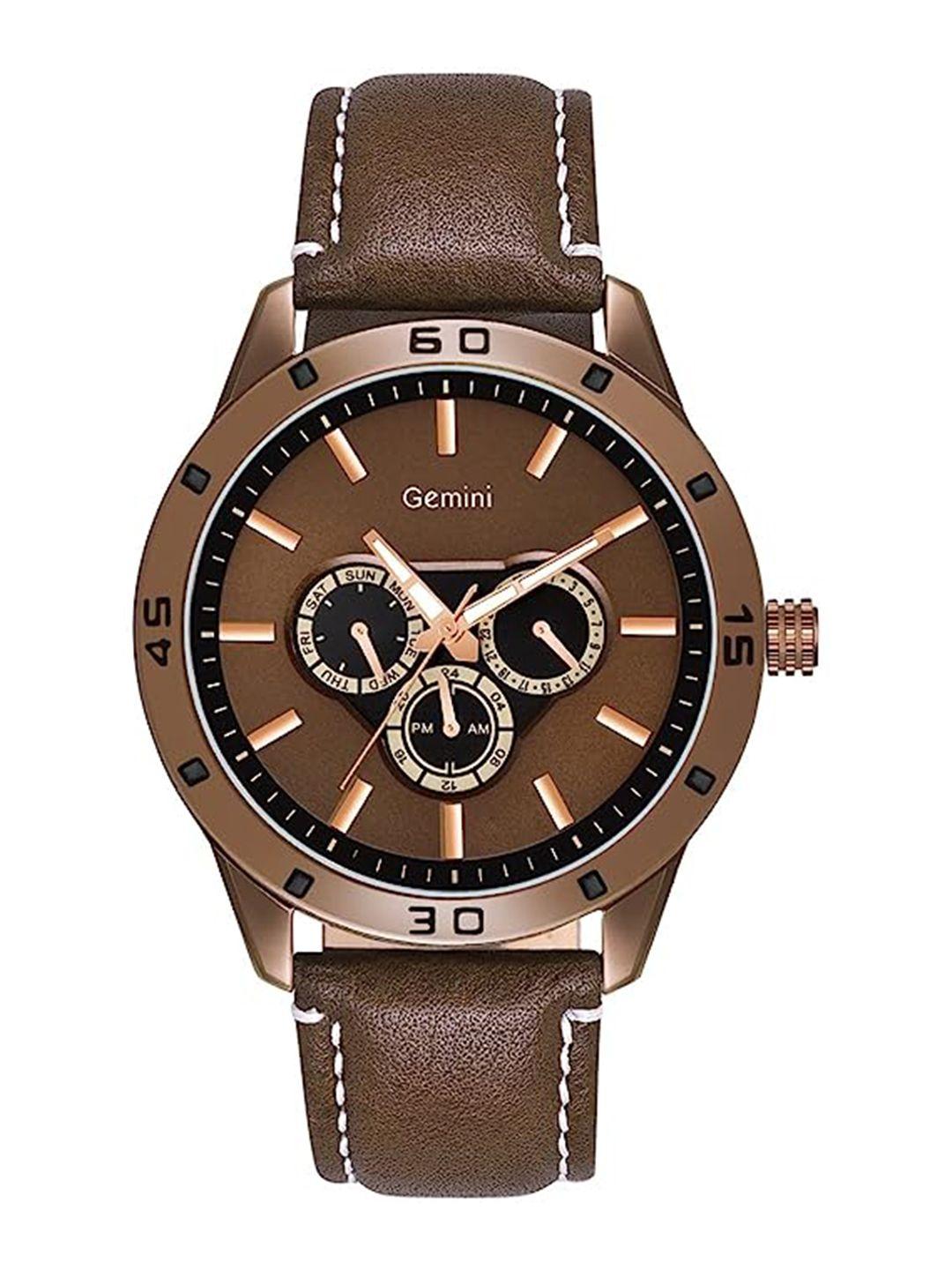 gemini men brown dial & leather straps analogue watch jmd u914ql01