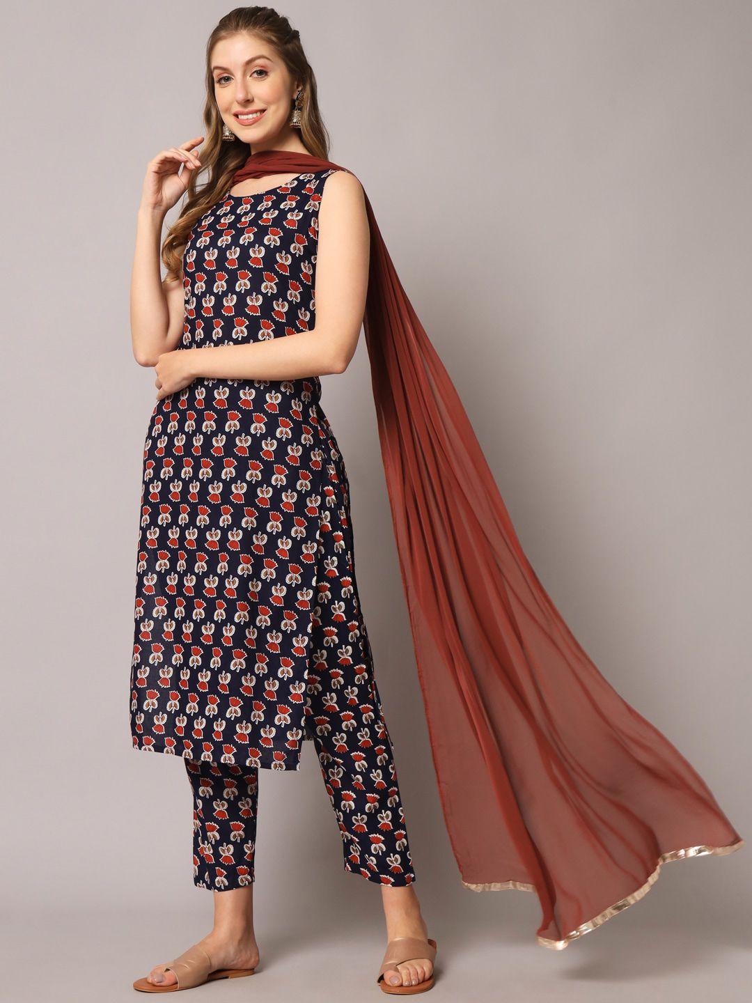 kalini women blue floral printed regular kurta with trousers & with dupatta