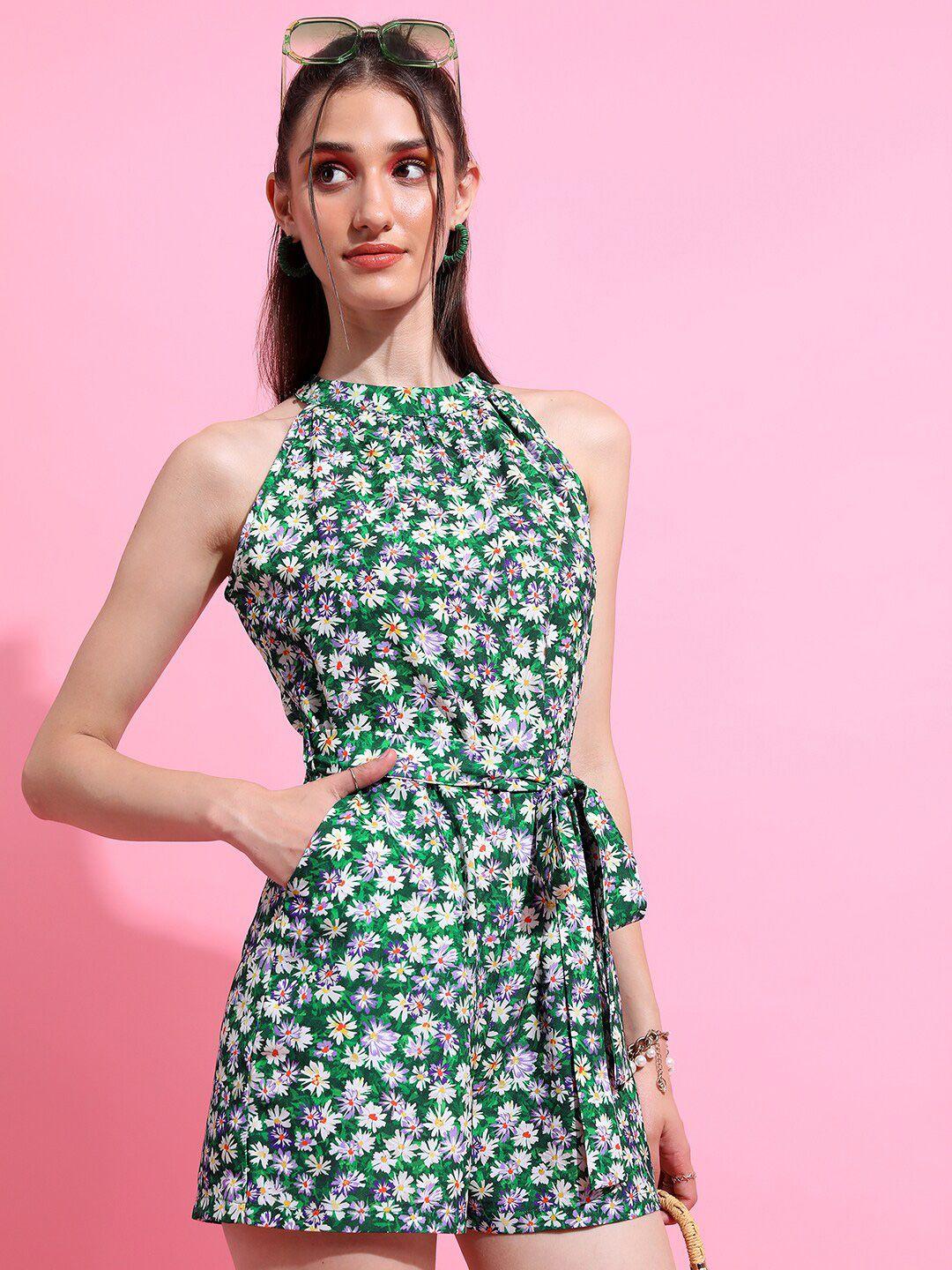 tokyo talkies green & white halter neck printed jumpsuit