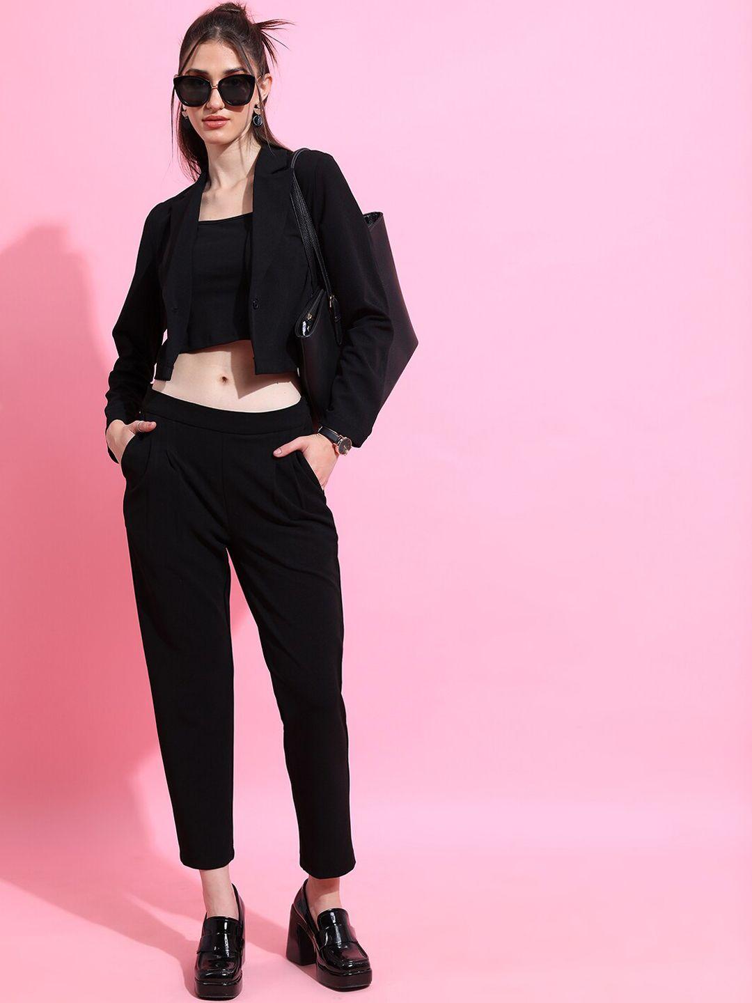 tokyo talkies black crop blazer with tailored trousers