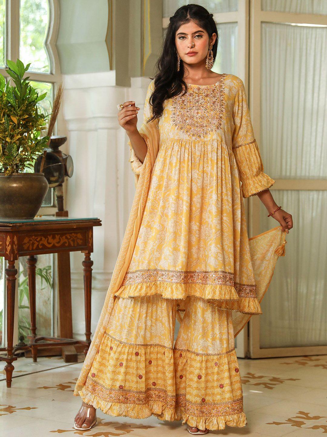 kalini floral printed beads and stones embellished anarkali kurta with sharara & dupatta