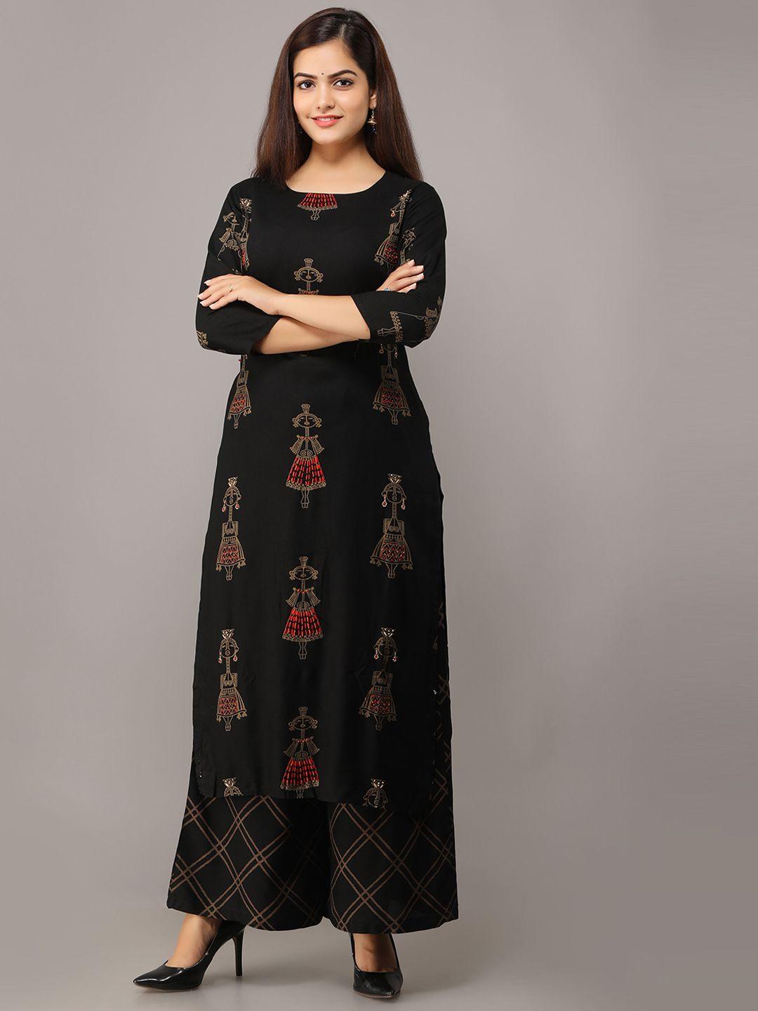 kalini women black printed regular beads and stones kurta with palazzos