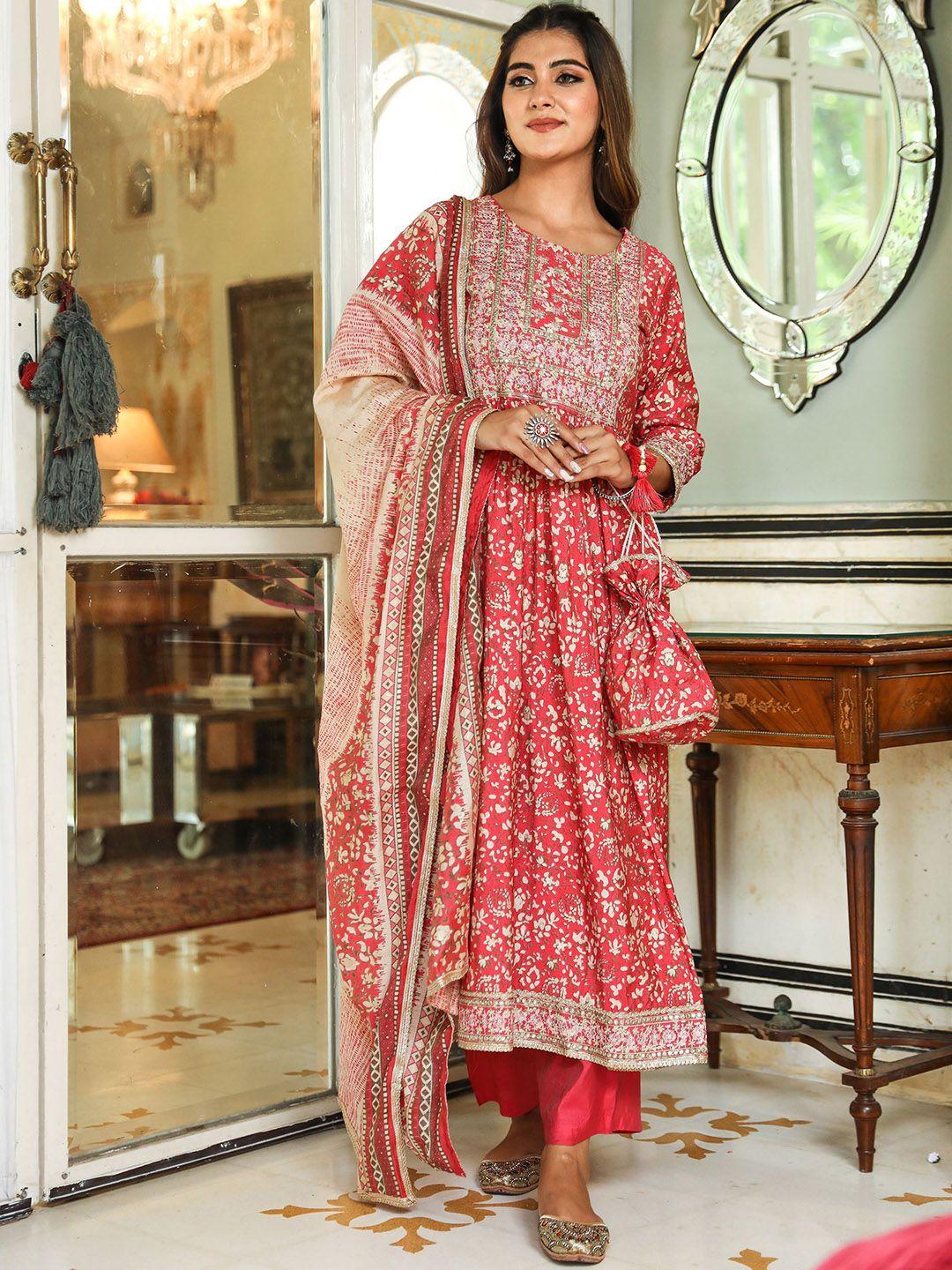 kalini floral printed sequinned anarkali kurta with trousers & dupatta with potli bag