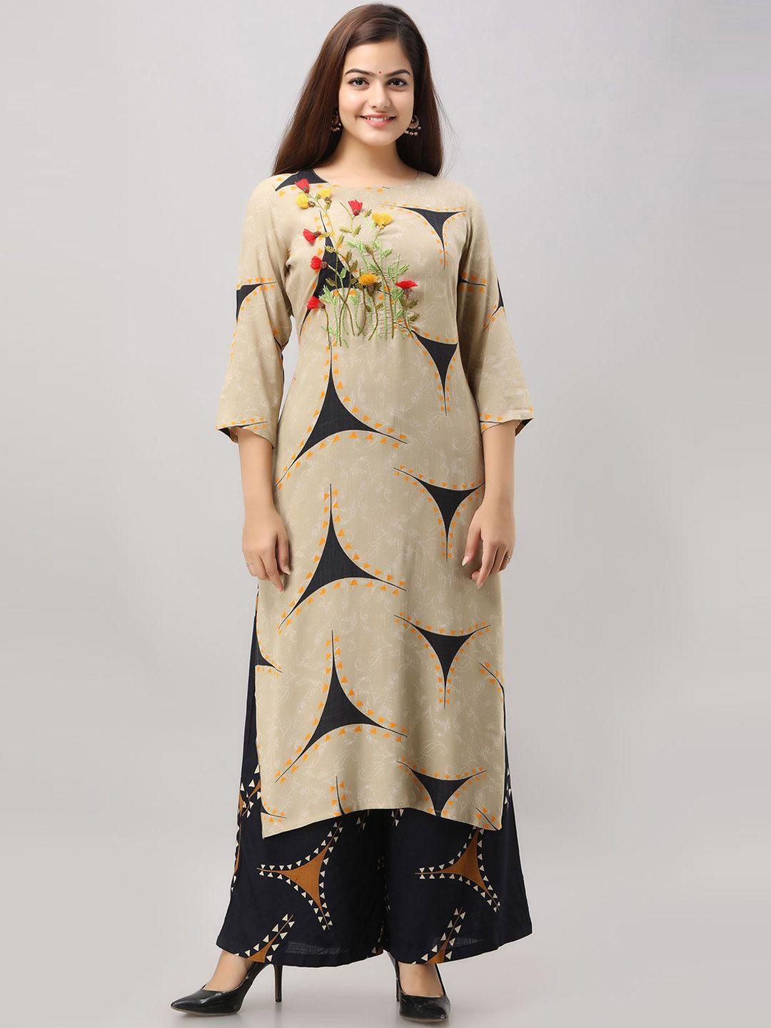 kalini geometric printed regular thread work kurta with palazzos