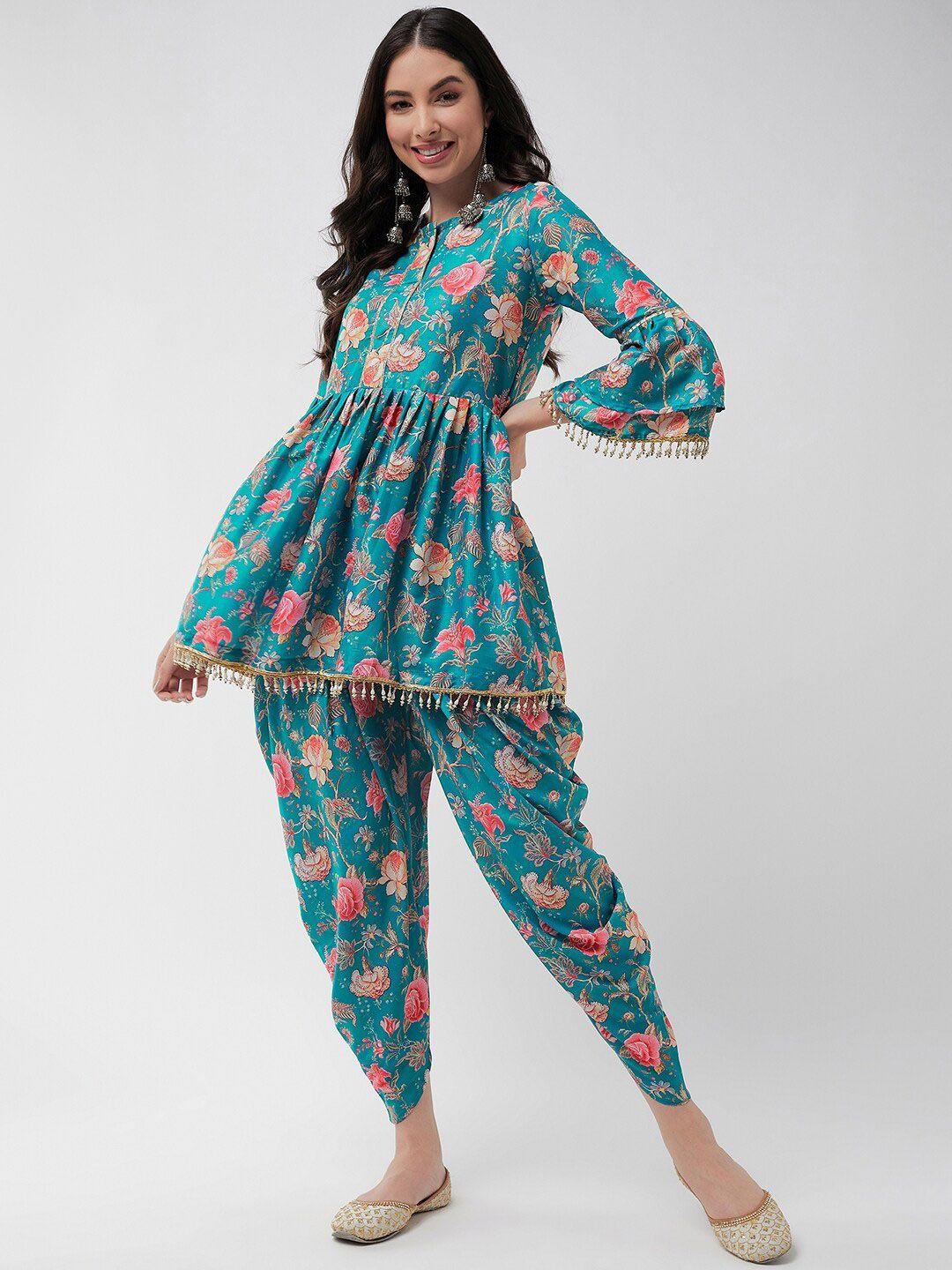 pannkh floral printed gotta patti detailed a-line kurti with dhoti pants