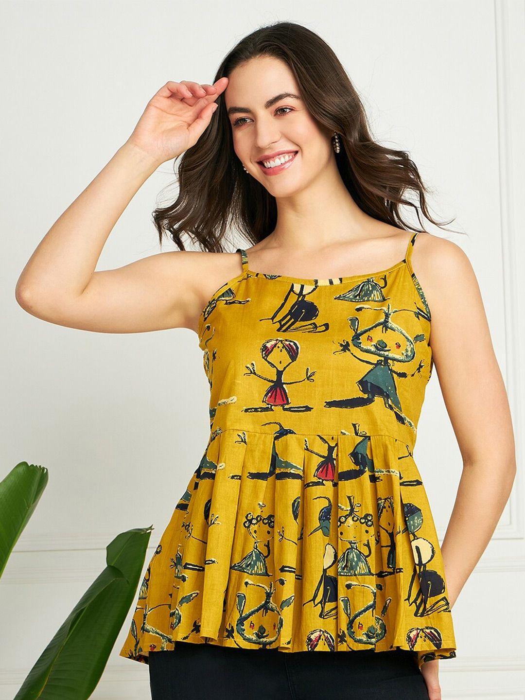 inweave mustard yellow floral print cotton peplum top