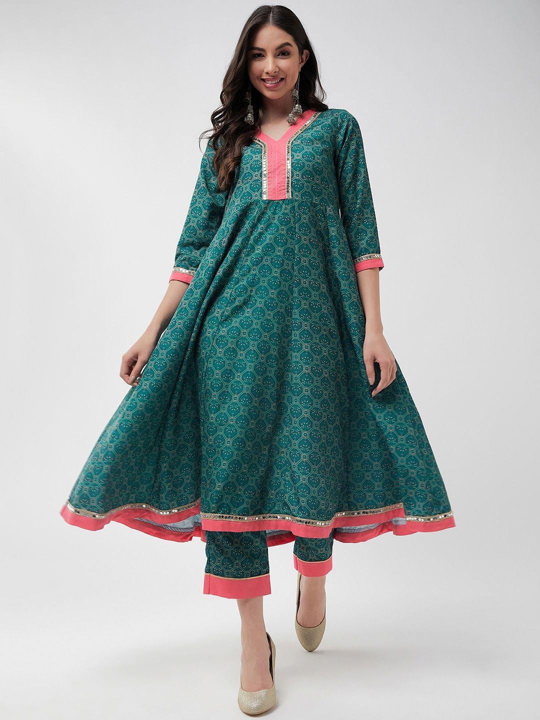 pannkh geometric printed mirror work panelled anarkali kurta