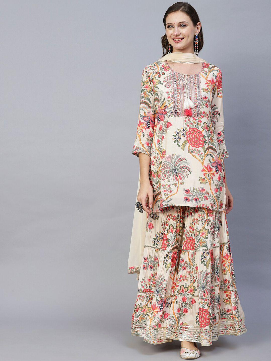 envy me by fashor floral printed tie-up neck gotta patti kurta with sharara & dupatta