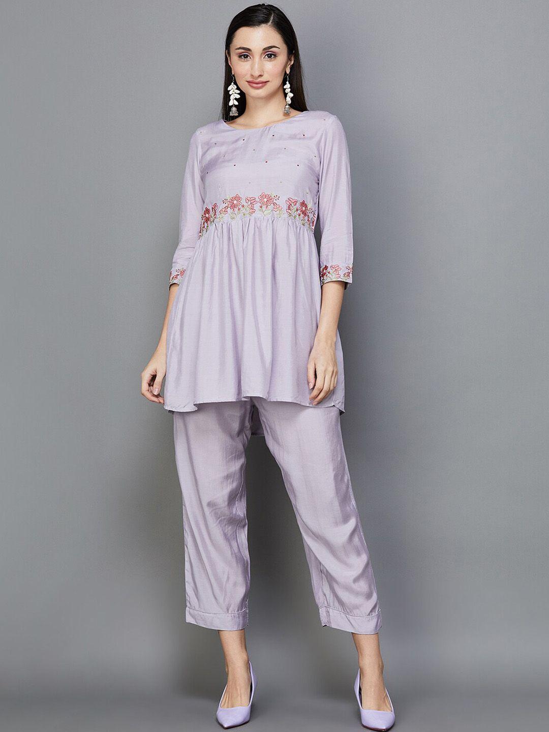 melange by lifestyle floral embroidered a-line kurti with trousers