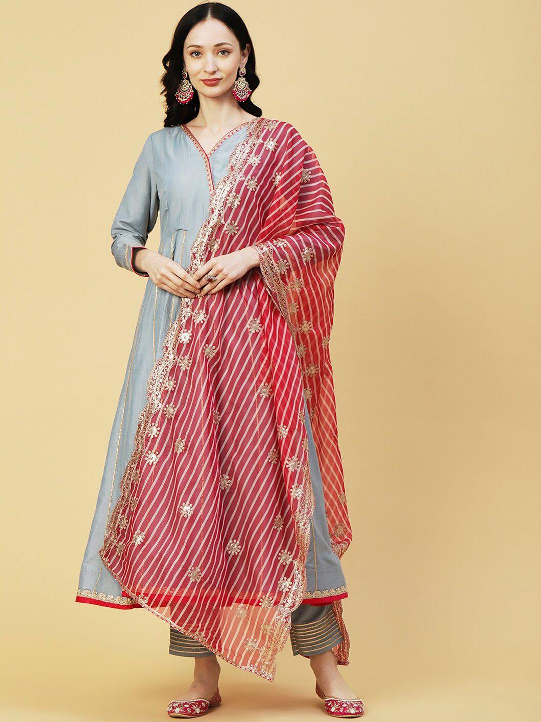 envy me by fashor striped panelled gotta patti anarkali kurta with trousers & dupatta