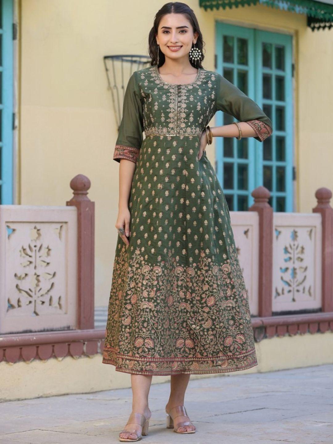 juniper ethnic motifs printed embroidered detai chanderi silk a-line midi ethnic dresses