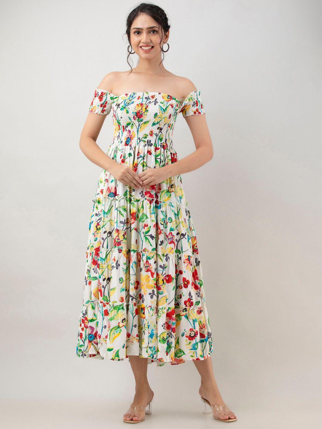 baesd floral printed off-shoulder smocked detailed fit & flare midi dress