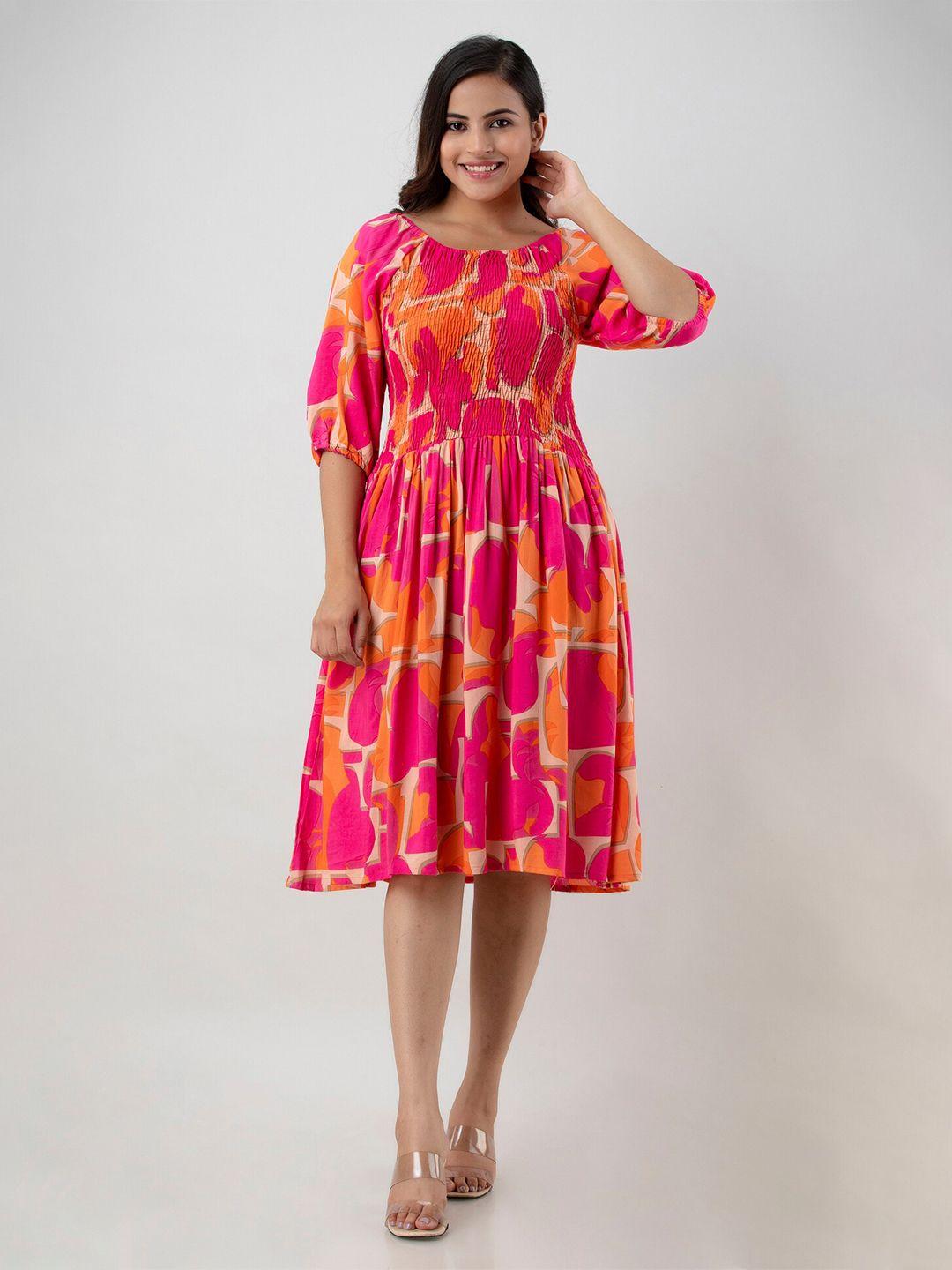 baesd abstract printed round neck puff sleeve smocked fit & flare midi dress