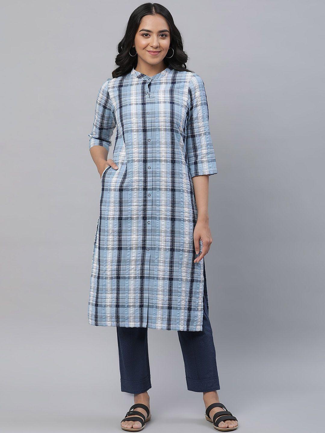 aurelia band collar checked straight cotton kurta