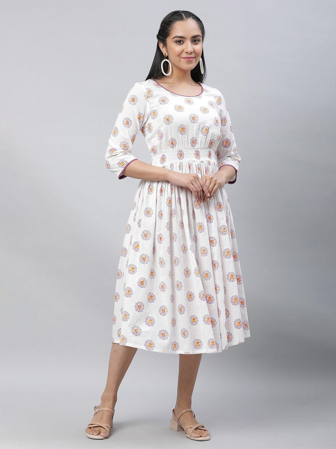 aurelia floral printed round neck smocked pure cotton fit & flare midi dress