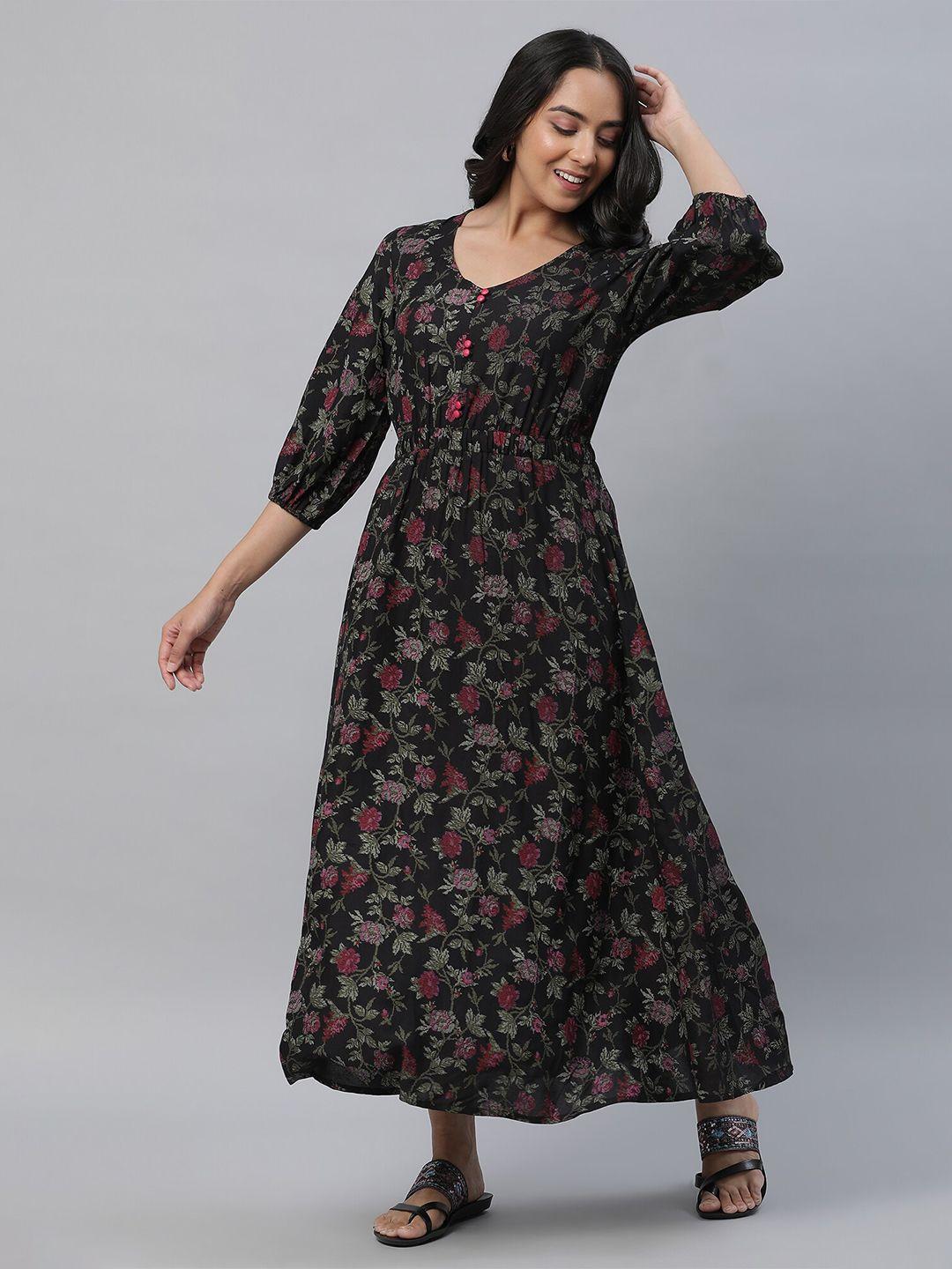 aurelia floral printed v-neck puff sleeve gathered fit & flare maxi dress