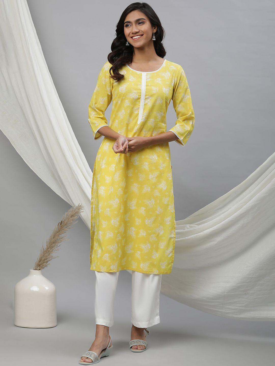 aurelia band collar floral printed straight cotton kurta