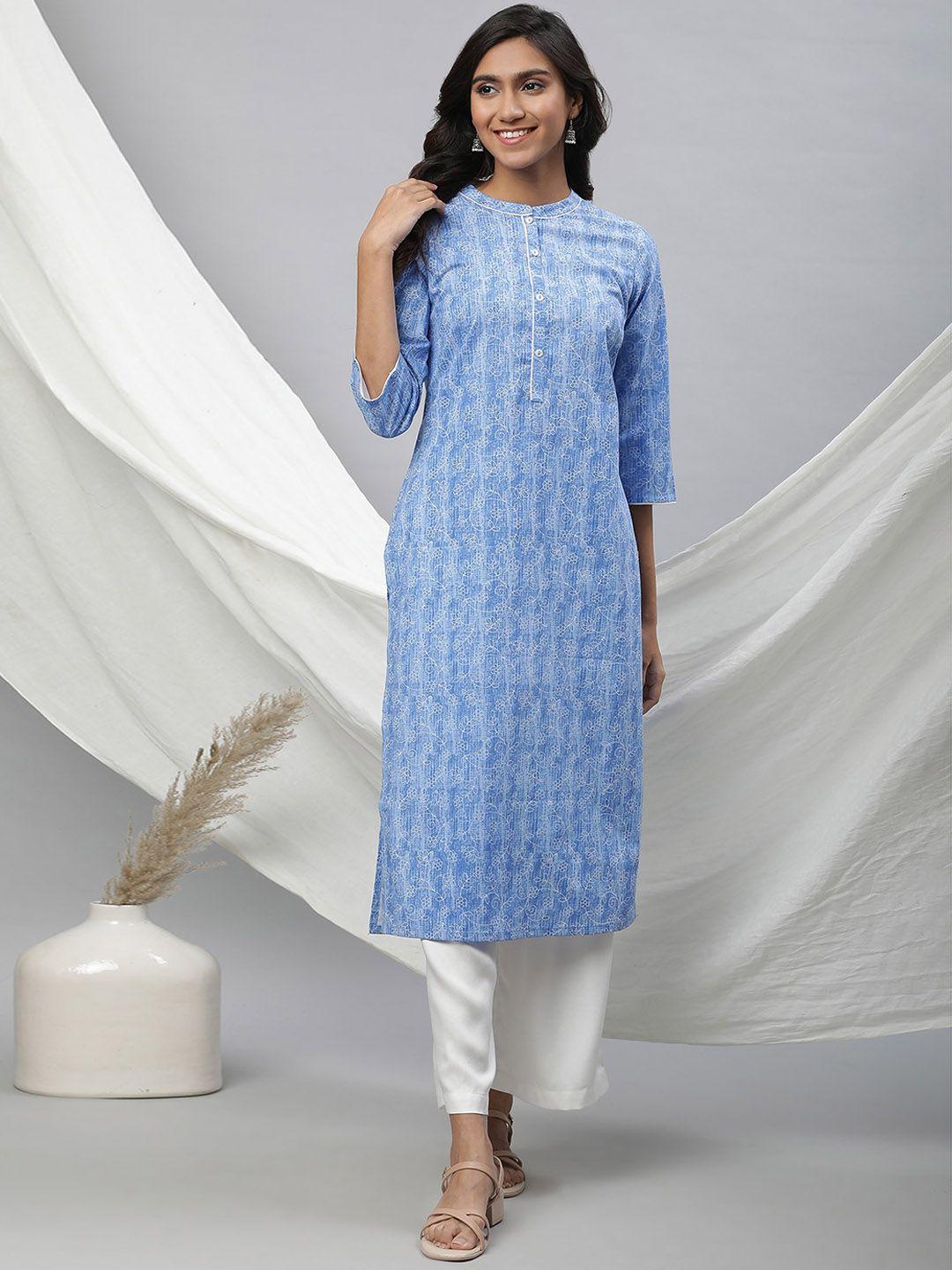 aurelia band collar floral printed straight cotton kurta