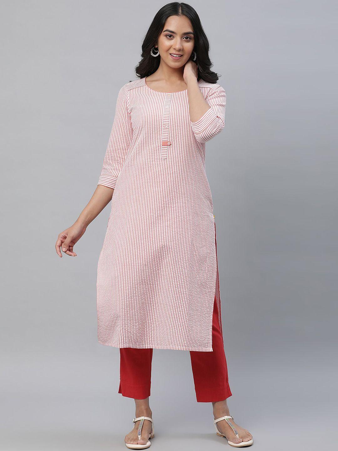 aurelia round neck striped printed cotton straight kurta