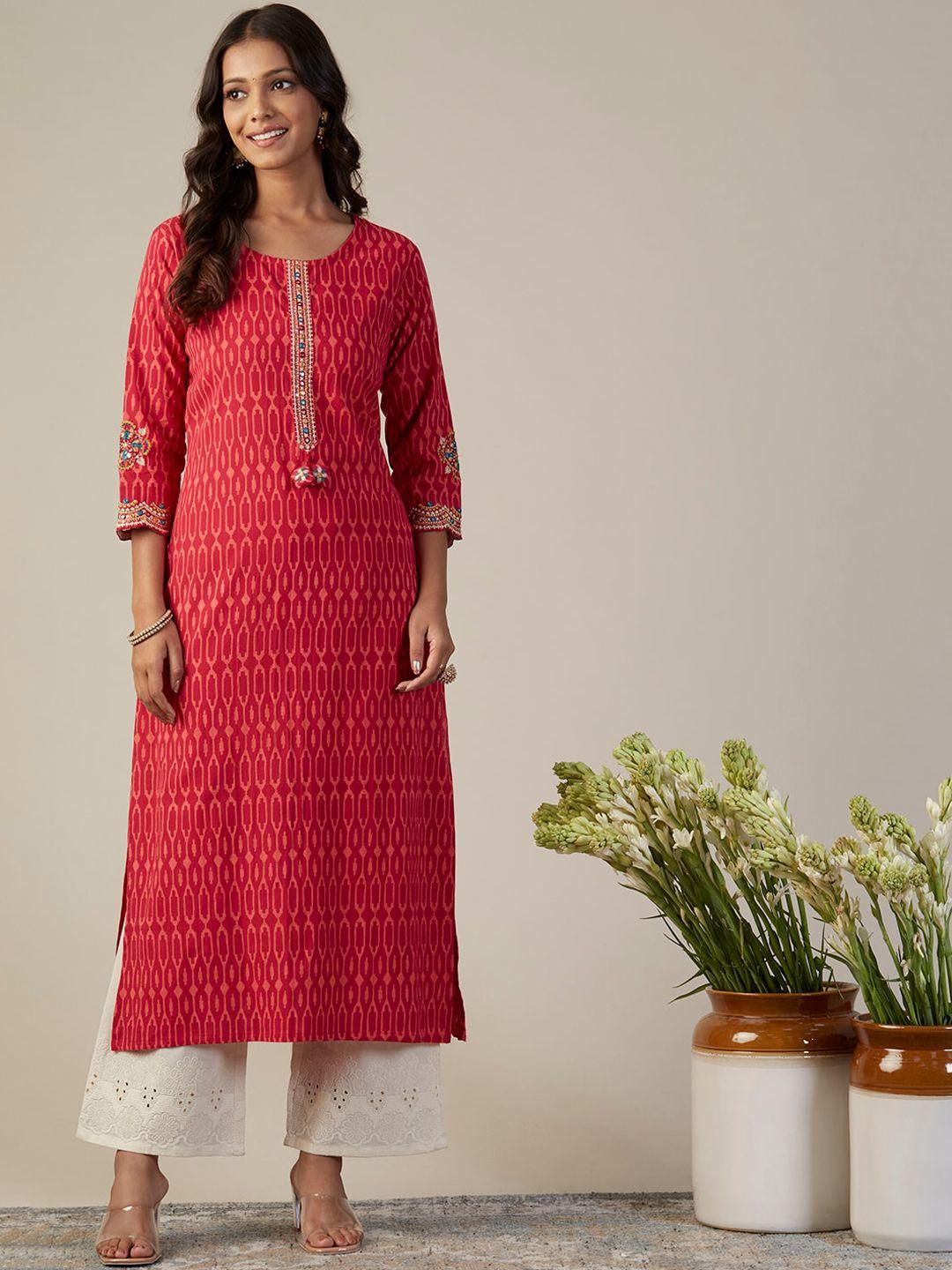 fashor ethnic motifs printed mirror work and thread work detailed pure cotton kurta