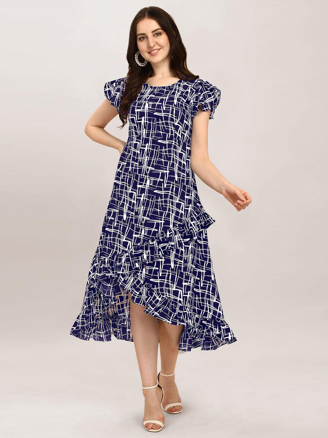 baesd abstract printed round neck flutter sleeve ruffled a-line midi dress