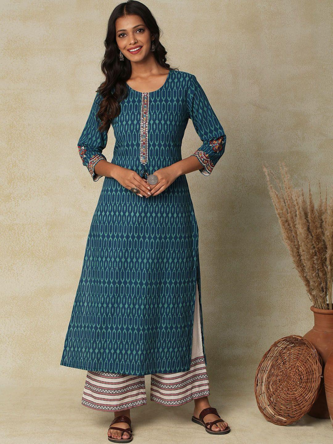 fashor  ethnic motifs printed mirror work and thread work detailed pure cotton kurta