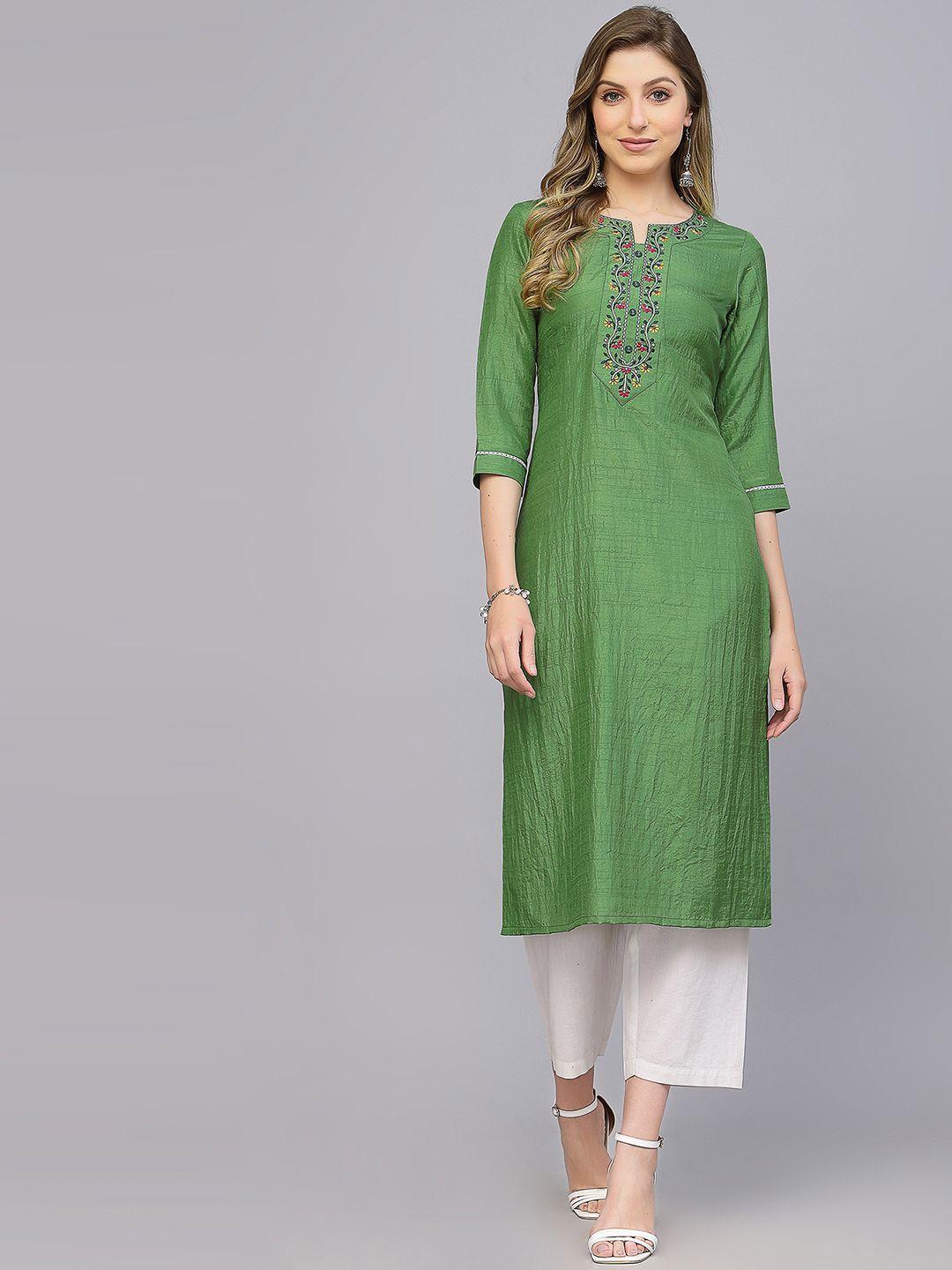 kalini floral printed embroidery three-quarter sleeves thread work raw silk kurta