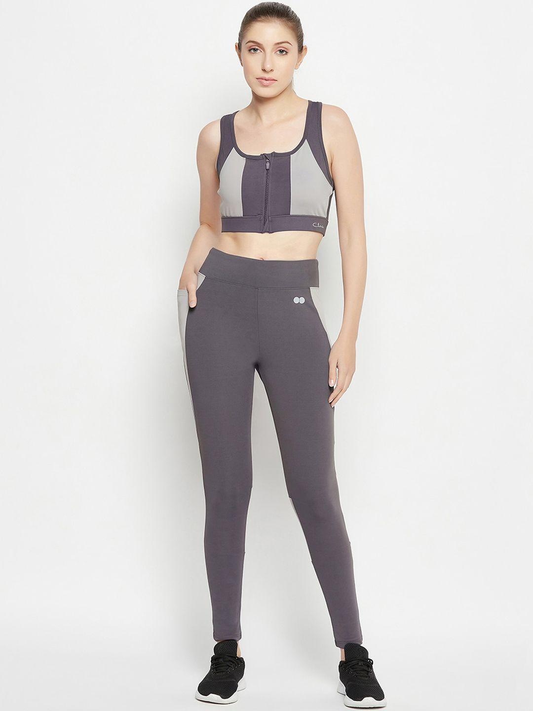 clovia grey & taupe colourblocked medium impact quick dry sports bra & tights