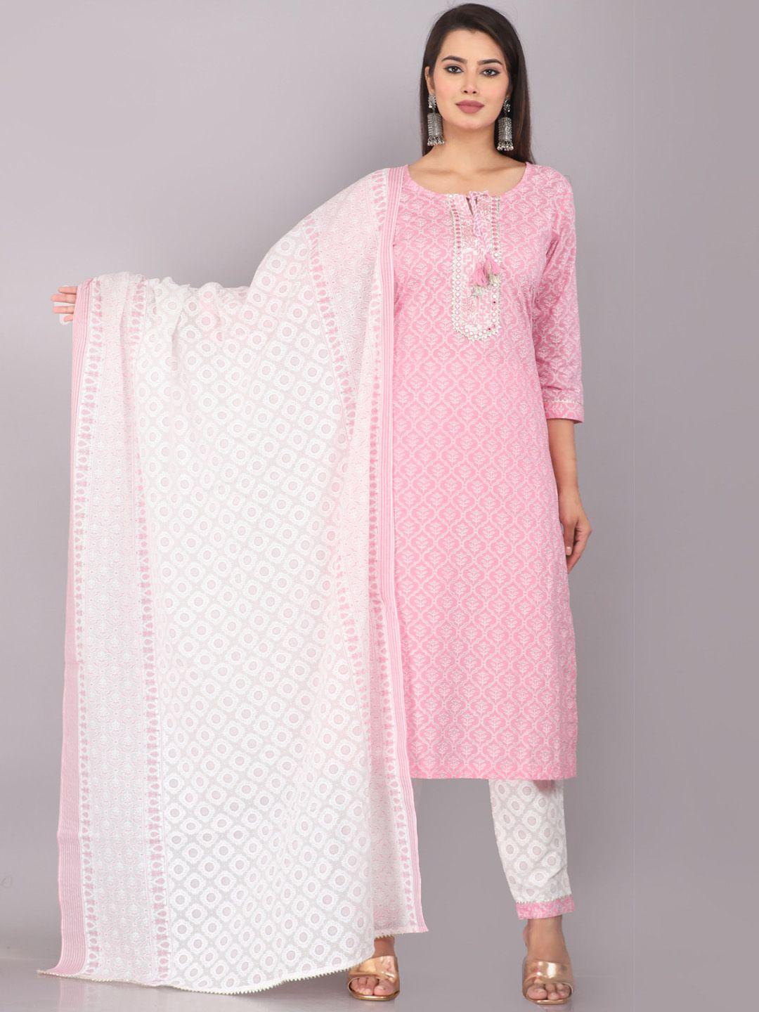 kalini ethnic motifs printed mirror work tie-up neck kurta with trousers & with dupatta