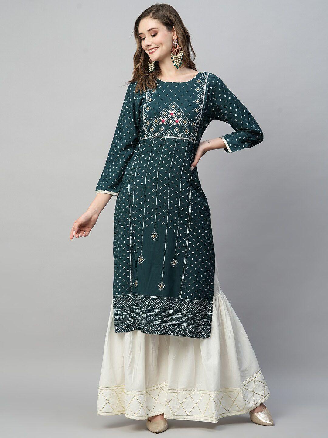 kiana bandhani printed mirror work detailed straight kurta with sharara