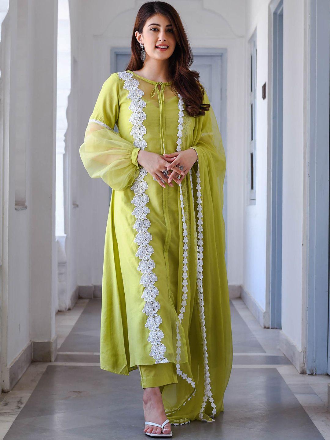 urbanstree thread work silk chiffon kurta with trousers & dupatta