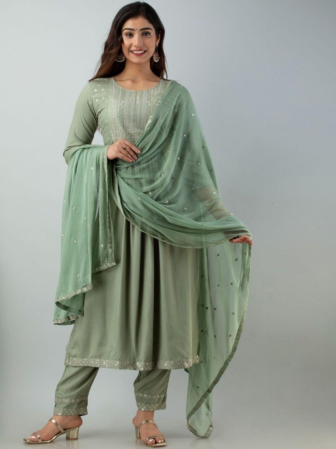 ckm sequinned detailed pleated a-line kurta & trousers with dupatta